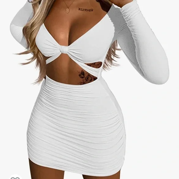 knee length dresses for ladies White Cut Out Lace Mini Dress, Sexy White Long Sleeve Dress, Burning Man Dress, White Party Dress, Burning Man Outfit, White Festival Outfit, S
